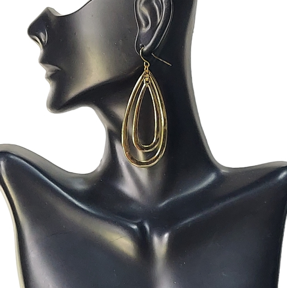 E736 Gold Double Teardrop Dangle Drop Earrings